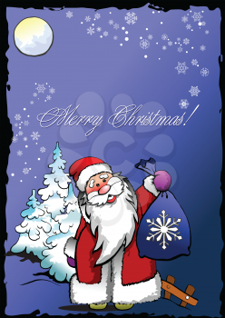 Royalty Free Clipart Image of Merry Christmas With Santa Holding a Toy Sack