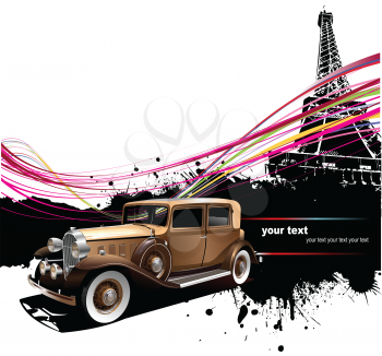 Royalty Free Clipart Image of an Old Car on a Paris Background