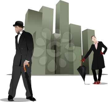 Gentleman and lady  with umbrella on the city background. Vector illustration