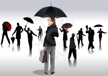 Royalty Free Clipart Image of People With Umbrellas