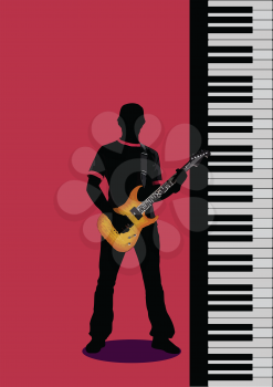 Royalty Free Clipart Image of a Guitarist Beside a Keyboard