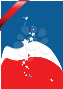 Royalty Free Clipart Image of a Red, White and Blue Background With Birds and Stars