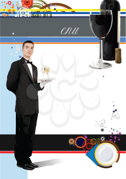 Royalty Free Clipart Image of a Male Server With a Wine Bottle in the Top Corner