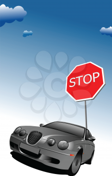 Royalty Free Clipart Image of a Sedan at a Stop Sign