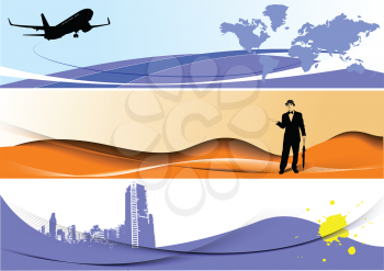 Royalty Free Clipart Image of Three Banners One With a Plane, One With a Man and One With a Building
