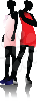 Royalty Free Clipart Image of Two Women in Short Dresses