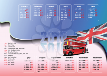 Royalty Free Clipart Image of a United Kingdom Calendar With a Bus and Union Jack for 2010