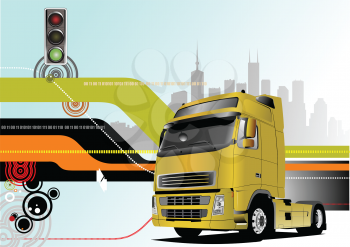 Royalty Free Clipart Image of an Urban Background With a Truck and a Traffic Light