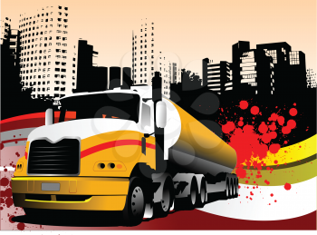 Royalty Free Clipart Image of a Fuel Truck in Front of an Urban Background