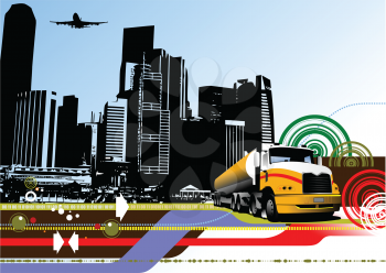 Royalty Free Clipart Image of an Urban Background With a Truck and a Plane