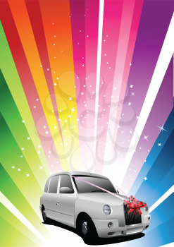 Royalty Free Clipart Image of a Rainbow Background With a Car With a Bow