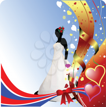 Royalty Free Clipart Image of a Wedding Card With a Bride in Silhouette and Hearts in the Corner