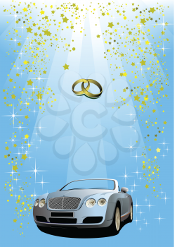 Royalty Free Clipart Image of a Wedding Card With a Convertible