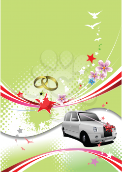 Royalty Free Clipart Image of a Wedding Car With Rings