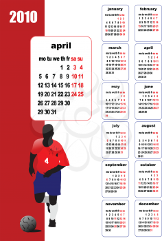 Royalty Free Clipart Image of an April Page on a 2010 Calendar With a Soccer Player