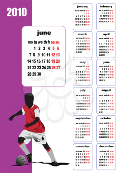 Royalty Free Clipart Image of a 2010 June Calendar With a Soccer Player