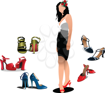 Royalty Free Clipart Image of a Young Woman With Five Pairs of Shoes