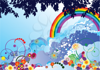 Royalty Free Clipart Image of a Rainbow Background With Flowers and Leaves