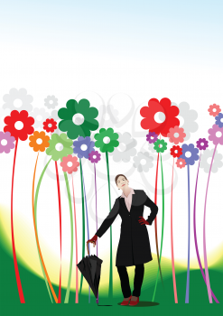 Royalty Free Clipart Image of a Woman With an Umbrella Beside Large Retro Flowers