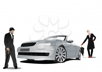 Gentleman and lady  with umbrella and silver cabriolet. Vector illustration