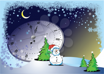 Royalty Free Clipart Image of a Snowman and Clock in a Winter Scene