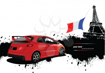 Royalty Free Clipart Image of a Red Car By the Eiffel Tower