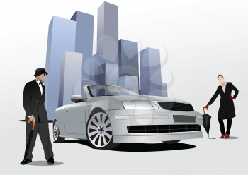 Royalty Free Clipart Image of a Man and Woman With a Grey Convertible in Front of Buildings