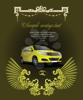 Royalty Free Clipart Image of a Card With a Yellow Car and Wedding Rings