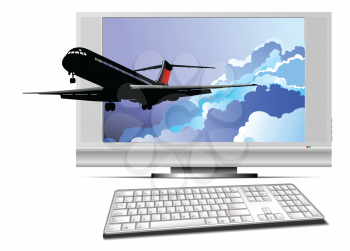 Royalty Free Clipart Image of a Plane Coming Through a Computer Screen