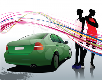 Royalty Free Clipart Image of a Green Car and Girls