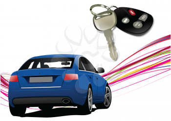 Royalty Free Clipart Image of a Blue Sedan With a Key