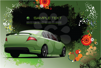 Royalty Free Clipart Image of a Background With a Green Car and Orange Blobs