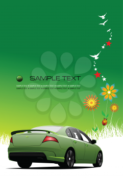 Royalty Free Clipart Image of a Green Car and Background With Flowers and Birds