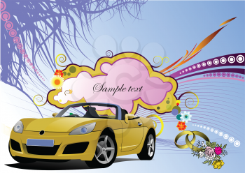 Royalty Free Clipart Image of a Yellow Car With Flowers and Rings and a Space for Text