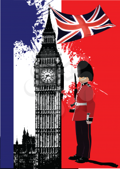 Royalty Free Clipart Image of Big Ben, the Union Jack and a Guard