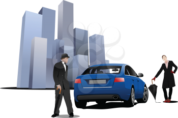Royalty Free Clipart Image of a Man and Woman Beside a Blue Car Near Buildings