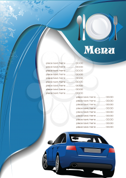 Royalty Free Clipart Image of a Menu With a Place Setting and a Blue Car