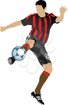 Royalty Free Clipart Image of a Soccer Player Kicking High