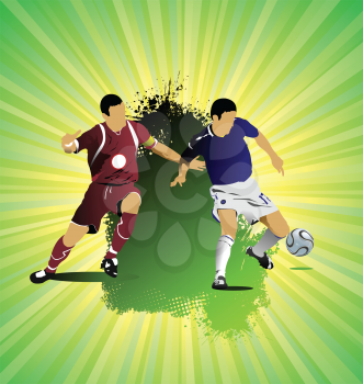 Royalty Free Clipart Image of Two Soccer Players on a Gradient Green Background