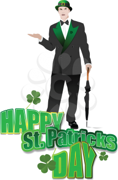 Royalty Free Clipart Image of a Man With an Umbrella on a St. Patrick's Day Greeting