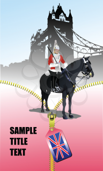 Royalty Free Clipart Image of a Guard on a Horse in Front of a Tower Bridge