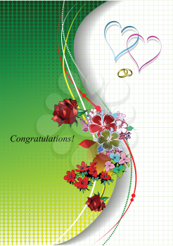 Royalty Free Clipart Image of Hearts, Wedding Bands and Flowers on a Congratulations Card
