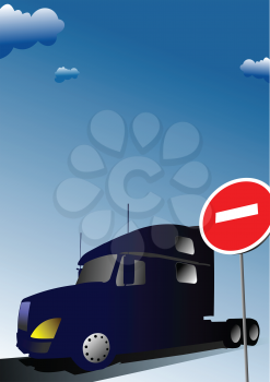 Royalty Free Clipart Image of a Truck at a Sign