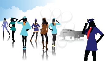 Royalty Free Clipart Image of Flight Attendants and a Plane