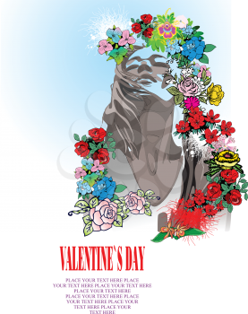 Royalty Free Clipart Image of a Valentine's Greeting With a Woman With Flowery Hair