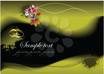 Royalty Free Clipart Image of a Romantic Card With Flowers and Wedding Rings on Green and Black