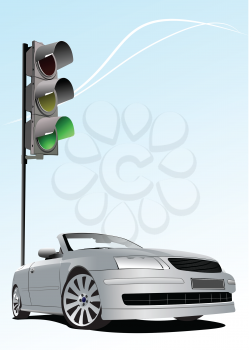 Royalty Free Clipart Image of a Grey Car at a Traffic Light