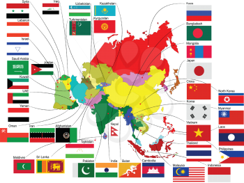 Royalty Free Clipart Image of a Map of Asia With Country Flags