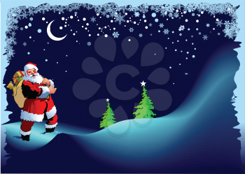 Royalty Free Clipart Image of a Santa Claus Beside Trees