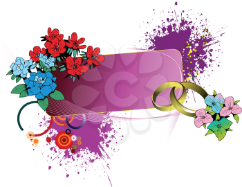 Royalty Free Clipart Image of a Wedding Tag With Flowers and Rings
